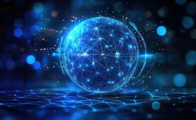 Obraz premium Futuristic Network of Glowing Blue Lines Spherical Shape Ethereal Light Cyberpunk Digital Art