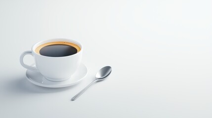 Obraz premium A close-up shot of a freshly brewed espresso served in a classic white cup with a small spoon beside it.