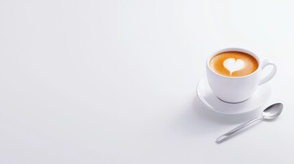 A close-up shot of a freshly brewed espresso served in a classic white cup with a small spoon beside it.