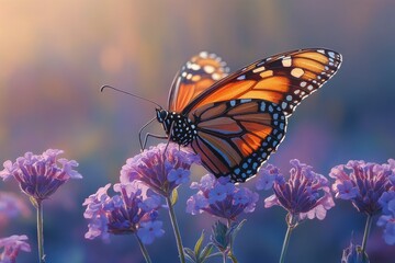 Obraz premium Monarch butterfly perched on vibrant purple flower in soft morning light in a garden setting