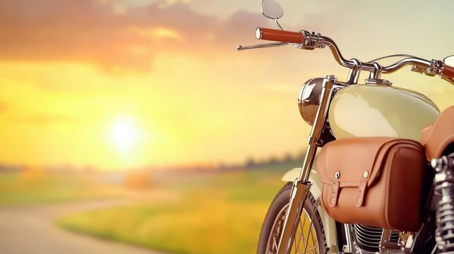 A close-up shot of a classic motorcycle with leather saddlebags, parked on a scenic road.