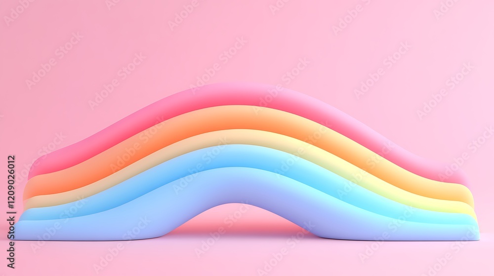 Poster colorful smooth rainbow with soft curved lines on a light pink background for cheerful and playful d
