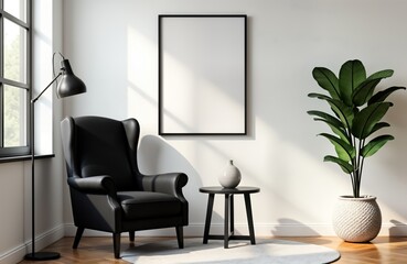 Modern black armchair, table in bright white living room. Minimalist design with natural light. Empty frame on wall. Cozy, stylish interior. Contemporary furniture in traditional interior. Sunlit