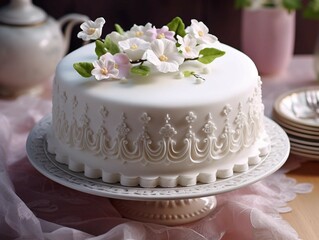 Elegant White Cake Decorated with Flowers 