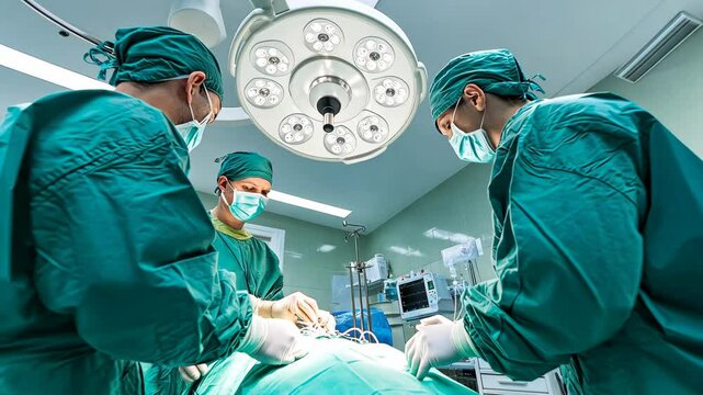 Surgeons performing a critical operation in a modern surgical suite with advanced medical equipment
