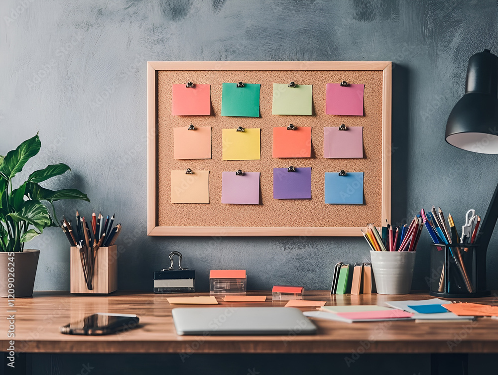 Poster a rainbow of ideas: a minimalist workspace is brought to life with a colorful array of sticky notes 