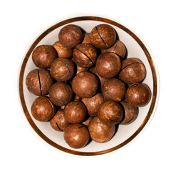 Macadamia nuts in a shell on a white background.Macadamia nuts from Australia.Macadamia is a genus of woody plants in the Proteaceae family.