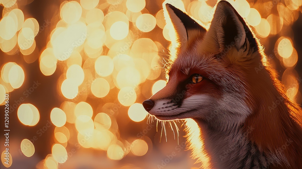 Poster wild fox portrait in golden bokeh illumination with a soft focus background featuring warm tones and