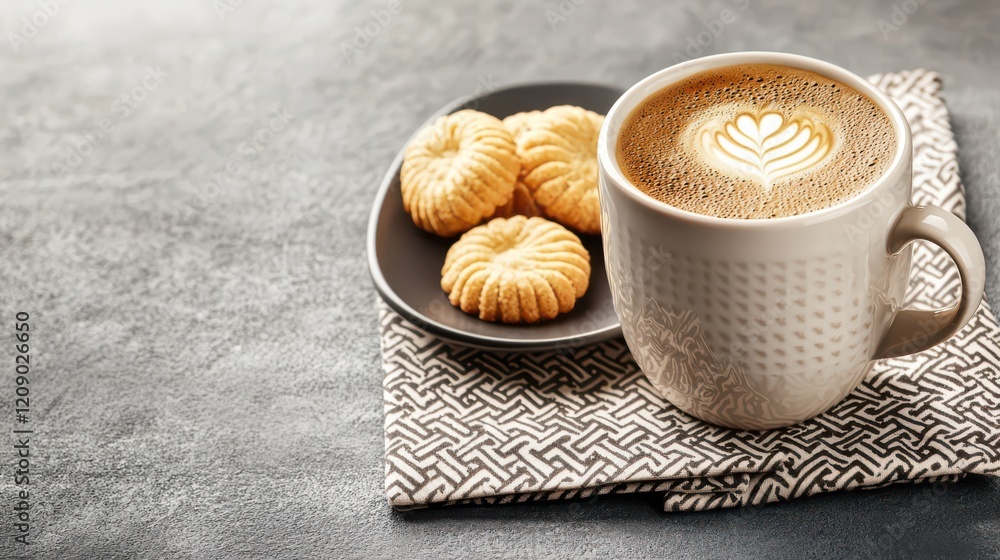 Poster a cup of coffee with a rustic design, placed on a patterned napkin and accompanied by a small plate 