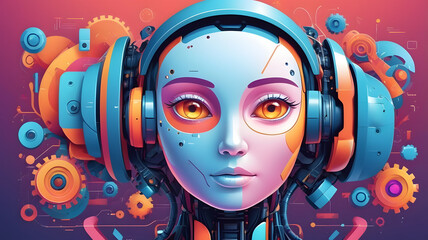 Futuristic Cyborg Girl with Headphones  Abstract Tech Art