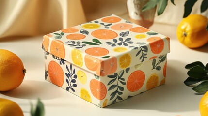 Colorful citrus-themed gift box surrounded by fresh lemons and greenery showcasing vibrant seasonal decorations and a warm, inviting ambiance.
