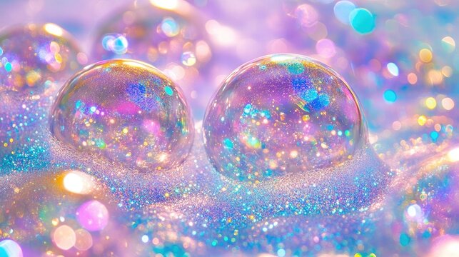 Glittery rainbow soap bubbles with lavender and turquoise cosmic sparkles in an abstract vibrant background creating a gentle ethereal atmosphere