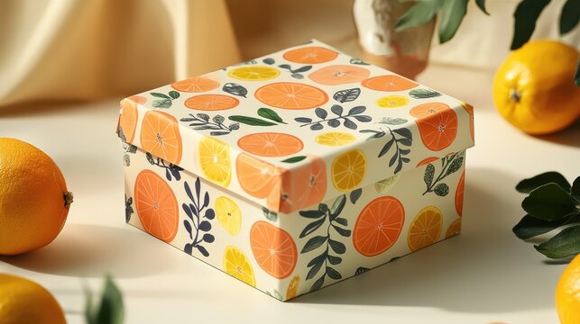 Colorful citrus-themed gift box surrounded by fresh lemons and greenery showcasing vibrant seasonal decorations and a warm, inviting ambiance.