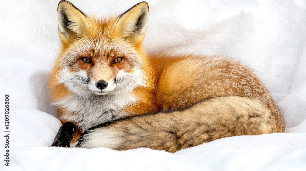 Poster close-up portrait of a red fox resting in a soft meadow with a blurred background showcasing its vib