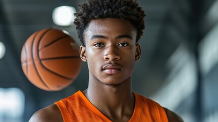 Portrait of African American male high school basketball player in orange jersey with basketball in motion indoors during practice session.