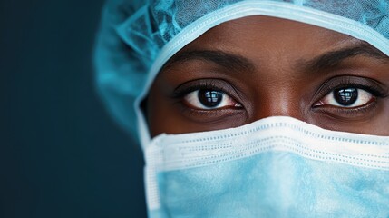 Close-up portrait of African American female doctor in surgical mask and cap, featuring intense eyes and soft focus background, hospital environment.