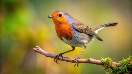 Obraz premium Robin Bird Branch Jump, Wildlife Photography, Nature Image, Bird in Flight, Blurred Background, Spring Bird, Cute Bird, Animal Photo, Feathered Friend, Garden Bird