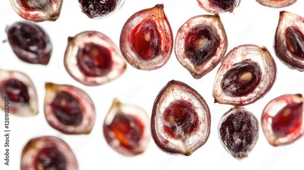 Poster halved raspberry seeds macro shot on bright white background with vibrant reds and purples highlight
