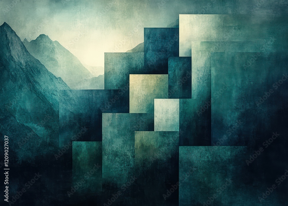 Poster abstract geometric background in pastel blue and green with layered triangle shapes and textured pat
