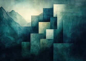 abstract geometric background in pastel blue and green with layered triangle shapes and textured...