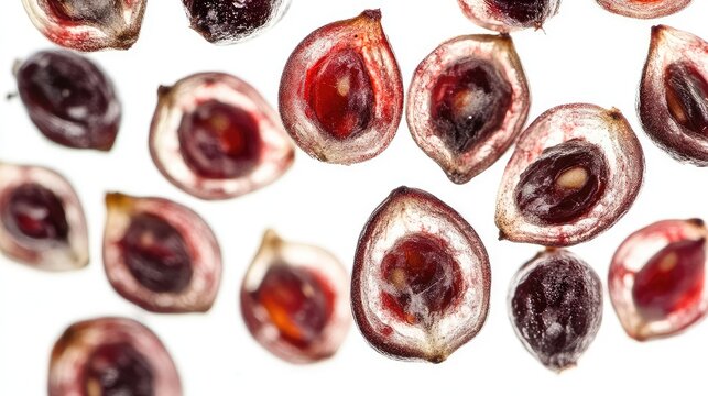 Halved Raspberry Seeds Macro Shot on Bright White Background with Vibrant Reds and Purples Highlighting Textures and Details
