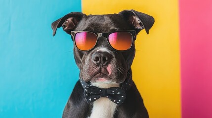 Stylish hipster dog wearing sunglasses with a black coat and polka dot bow tie against vibrant blue and yellow background in modern portrait setting.