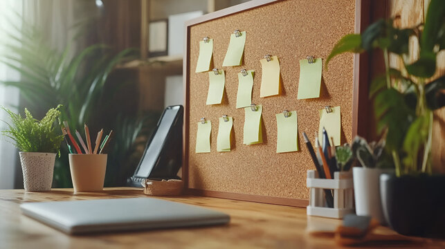 Organized and Inspired Workspace: A wooden desk is adorned with an abundance of potted plants, adding a touch of nature to the workspace. A cork board, adorned with yellow sticky notes.