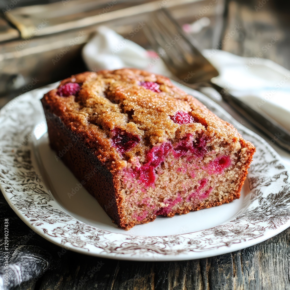 Poster nutritious raspberry banana bread slice on ornate plate with wooden background and soft textures per