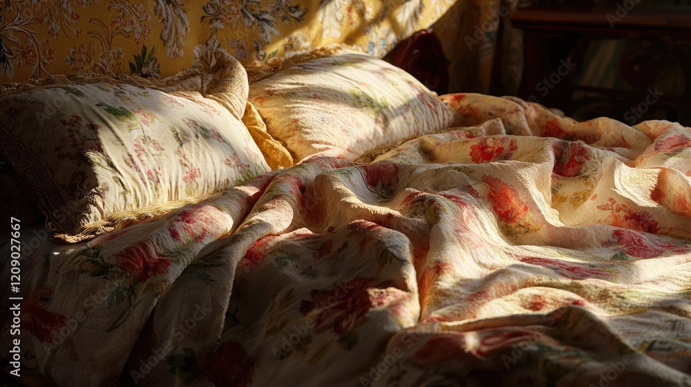 Poster radiant morning light creating soft shadows on floral bedding highlighting texture and warmth in a c