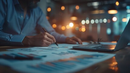 A business professional analyzing financial documents at a modern desk, with charts, graphs, and compliance software, highlighting financial audit and regulations