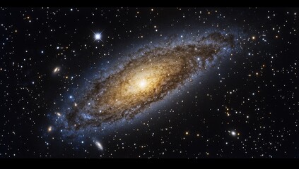 Naklejka premium Spiral galaxy with bright core, dust lanes, and surrounding stars in deep space.