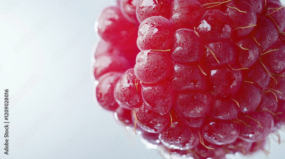 Poster fresh raspberry with dew drops showcasing vibrant red color on soft white background in macro perspe