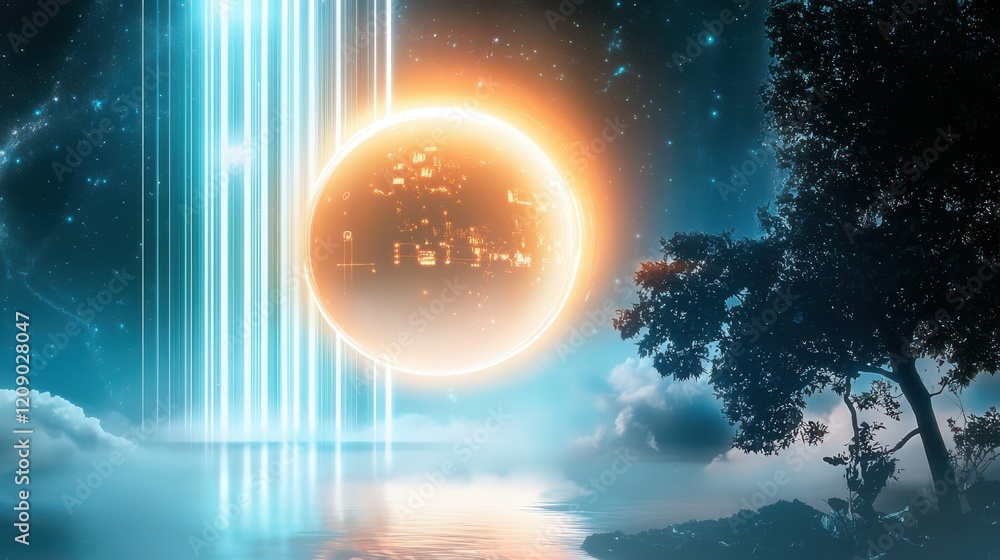 Wall mural a digital art collage combining natural elements with high-tech futuristic overlays.