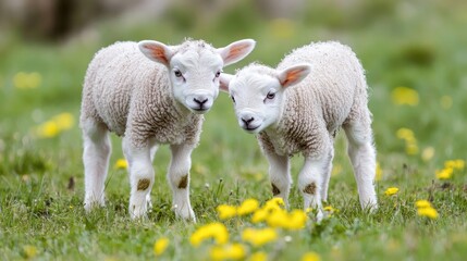 Fototapeta premium Two adorable radio-collared lambs grazing in vibrant green pasture surrounded by blooming yellow flowers on a sunny day