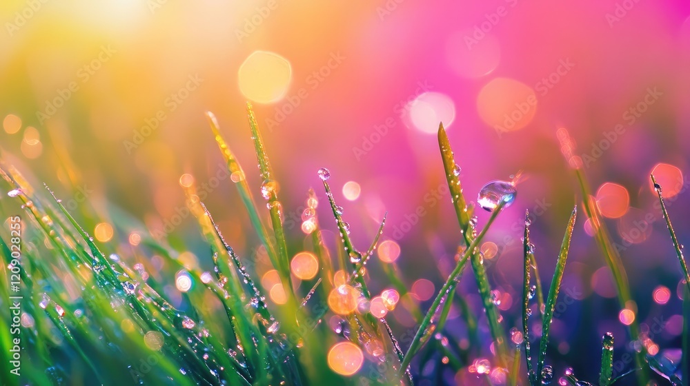 Poster vibrant grass adorned with rainbow-colored dew droplets sparkling in sunlight creating a dreamy boke