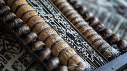 Detailed close-up of traditional Atjeh SIWAS dance instrument featuring intricate raw anteater skin textures and natural brown and black tones, Indonesia.