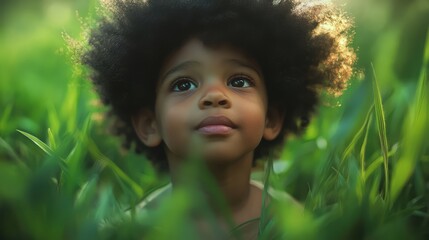 Child with curly hair gazing upward in a green meadow surrounded by tall grass under soft natural light.