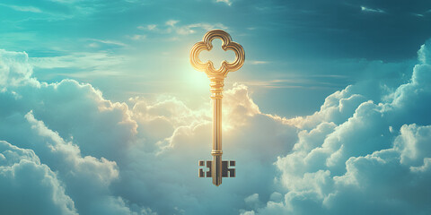 Golden Key to Heaven: A large, ornate golden key floats amidst fluffy clouds, bathed in the radiant light of a celestial sunrise. This symbolic image evokes feelings of hope, opportunity.