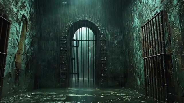 A dimly lit, abandoned dungeon with barred doors and water pooling on the stone floor.