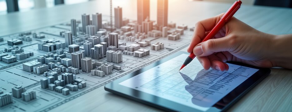 Person uses tablet to plan new city with BIM tech. Digital model of city on blueprint. Architect, engineer urban planner working with digital tools. Planning, developing new infrastructure. New