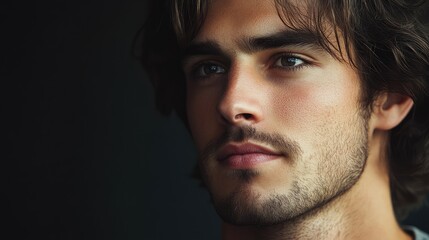 Fototapeta premium Close-up portrait of a young attractive man with tousled dark hair and piercing blue eyes, illuminated against a dark background, capturing a thoughtful expression.