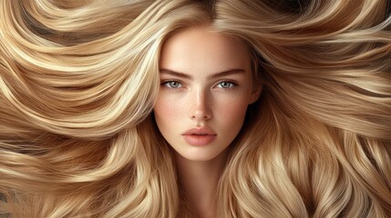 Obraz premium Stunning close-up portrait of a model with flowing long blonde hair, soft natural makeup, glowing skin, and a neutral background for a beauty concept.