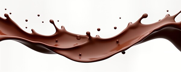 Dark brown chocolate liquid splashing in wavy motion against transparent backdrop. Fluid movement of drink creates abstract art design. Sweet treat, delicious hot drink, dessert ingredient. Ideal for