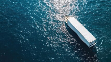 Fototapeta premium Aerial view of a white cargo container on a boat in blue ocean showcasing maritime logistics and shipping with space for text placement