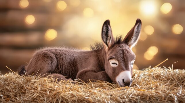 A donkey foal resting in a bed of straw inside a rustic barn.