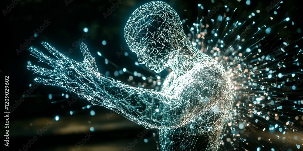 Poster digital genesis: a mesmerizing abstract figure, composed of glowing lines and particles, evokes a se