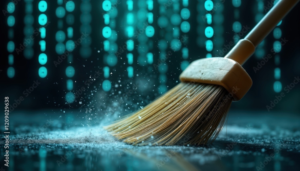 Poster broom sweeps away digital dust. binary code background. futuristic tech concept. digital cleaning me