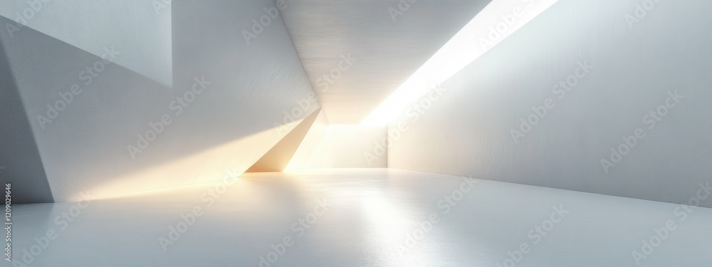 Poster minimalist interior space with angular white walls and soft lighting design