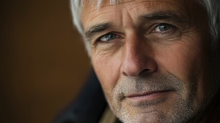 Fototapeta premium Close-up Portrait of Mature Caucasian Male with Grey Hair and Wrinkles Gazing at Camera, Warm Tones and Natural Light, Indoor Setting
