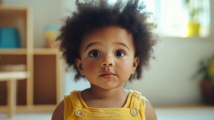 Fototapeta premium Adorable toddler with curly black hair in a bright yellow outfit gazing at the camera indoors in a softly lit room with warm colors and greenery.